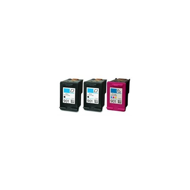 Sampack med 2x HP 901BK og 1x HP 901CMY. Kompatible blkpatroner indeholder i alt 61ml.