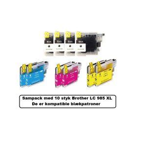 Sampack med 10 styk Brother LC 985 B/C/M/Y. kompatible blkpatroner indeholder 152ml.