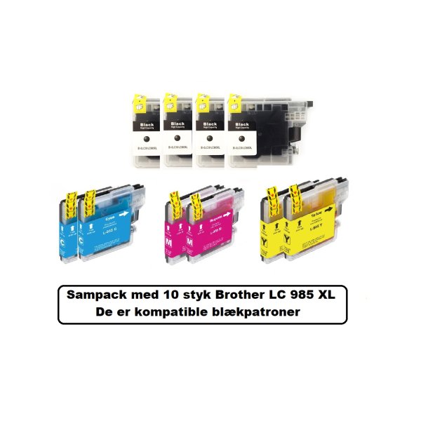 Sampack med 10 styk Brother LC985 B/C/M/Y. kompatible blkpatroner indeholder 152ml.