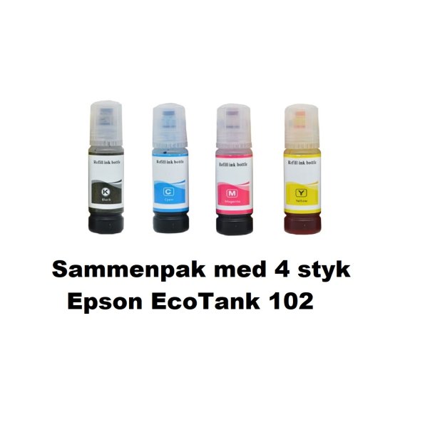 Sammenpak med 4 styk Epson 102 BK-c-m-y er kompatibel Blkrefill Indeholder 350ml.