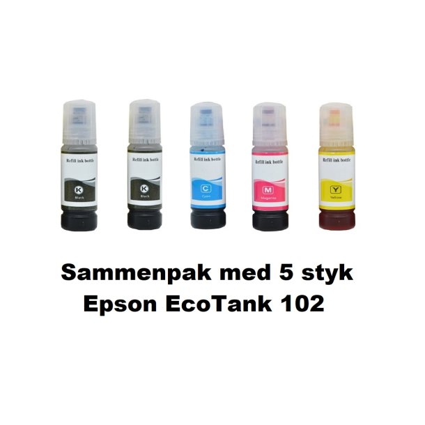 Sammenpak med 5 styk Epson 102 BK-c-m-y er kompatibel Blkrefill Indeholder 490 ml.