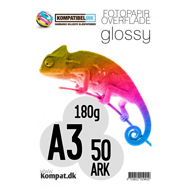 Fotopapir A3 i 180g (Glossy) med 50 ark pr. pakke.