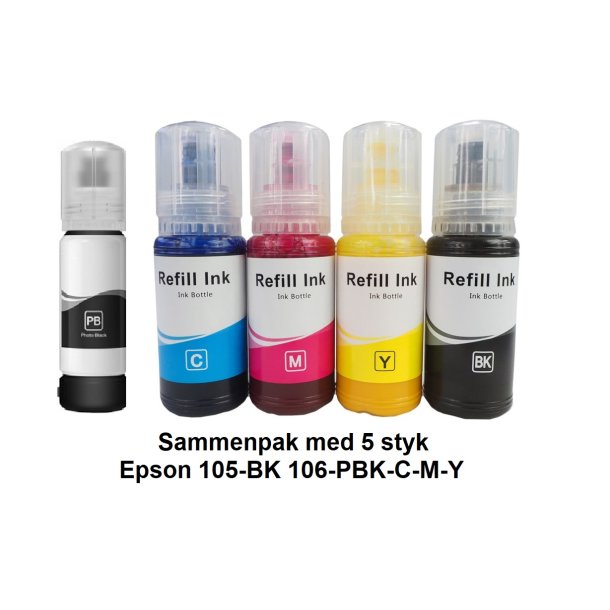 Sammenpak med 5 styk Epson 105-106 BK-PBK-C-M-Y er kompatibel Blkrefill Indeholder ialt 420 ml.