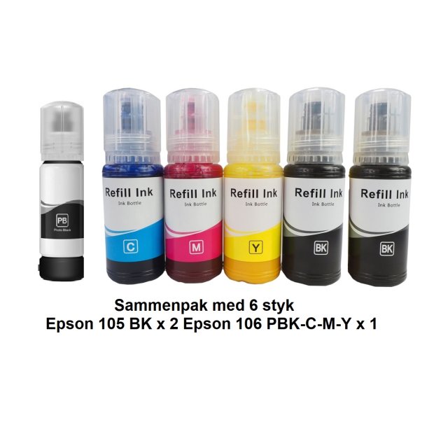 Sammenpak med 6 styk Epson 105-106  BK-PBK-C-M-Y er kompatibel Blkrefill Indeholder ialt 560 ml.