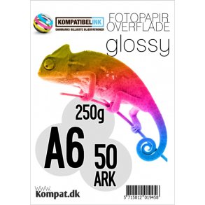 Fotopapir A6 (10 x 15) i 250g (Glossy) med 50 ark pr. pakke.