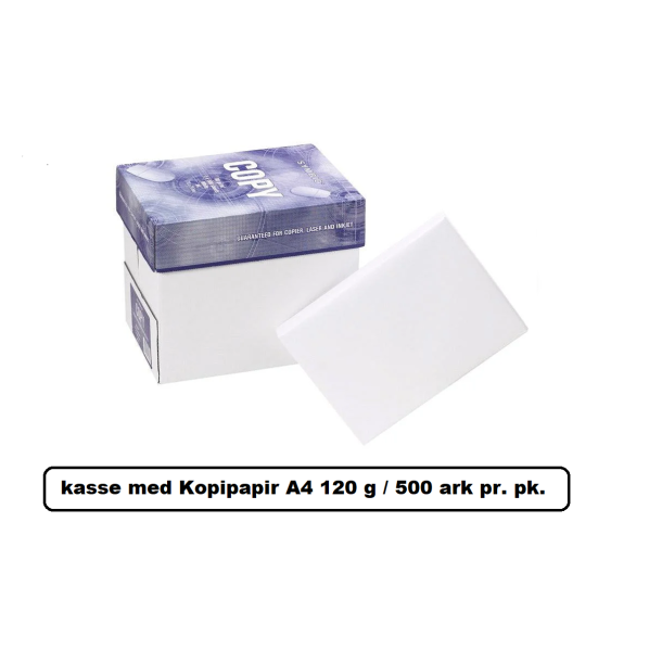 En kasse med Kopipapir A4 120 g / 500 ark pr. pk. (OBS LEVERES KUN MED GLS)