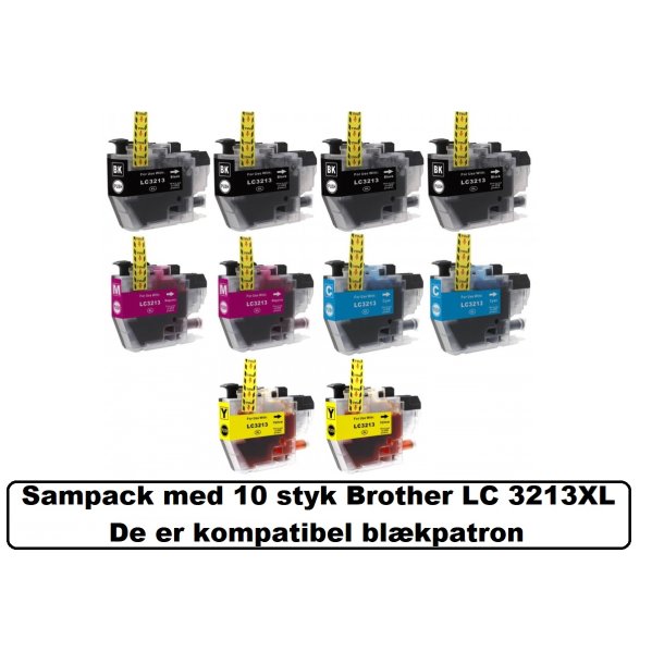 Sampack med 10 styk Brother LC 3213 kompatibel blkpatron indeholder 120 ml.