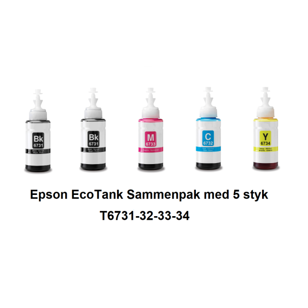  Epson EcoTank T6731-32-33-34  Sammenpak med 5 styk kompatibel Blkrefill Indeholder ialt 350ml