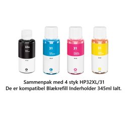 Hp Sampack med 4 styk kompatibel Blkrefill HP 32XL og HP 31 indeholder IALT 345ml Ialt.