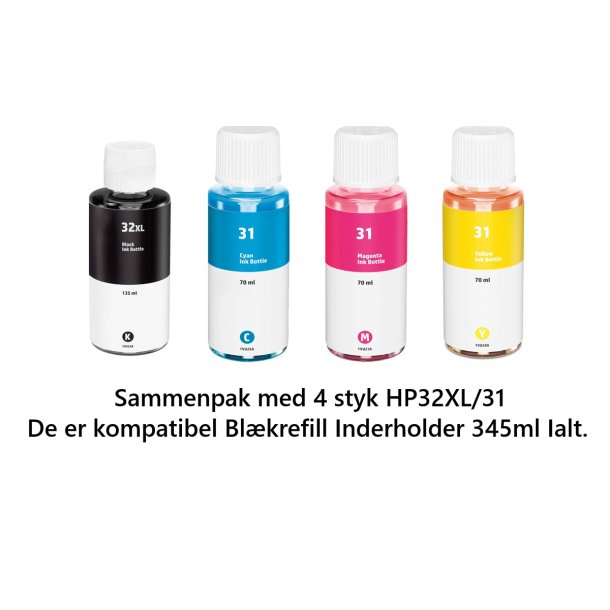 Hp Sampack med 4 styk kompatibel Blkrefill HP 32XL og HP 31 indeholder IALT 345ml Ialt.