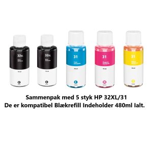 HP Sampack med 5 styk kompatibel Blkrefill HP 32XL og HP 31 indeholder IALT 480ml Ialt.