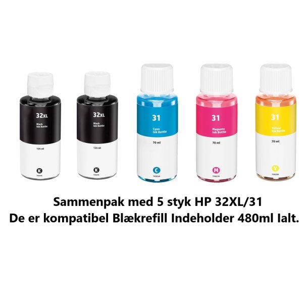 HP Sampack med 5 styk kompatibel Blkrefill HP 32XL og HP 31 indeholder IALT 480ml Ialt.