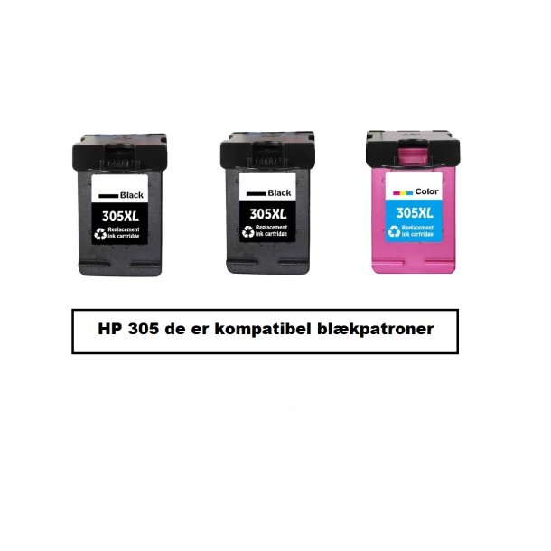 Sampack 2x HP 305XL BK 1x hp 305XL CMY Kompatibel blkpatroner som indeholder hele 52 ml ialt.