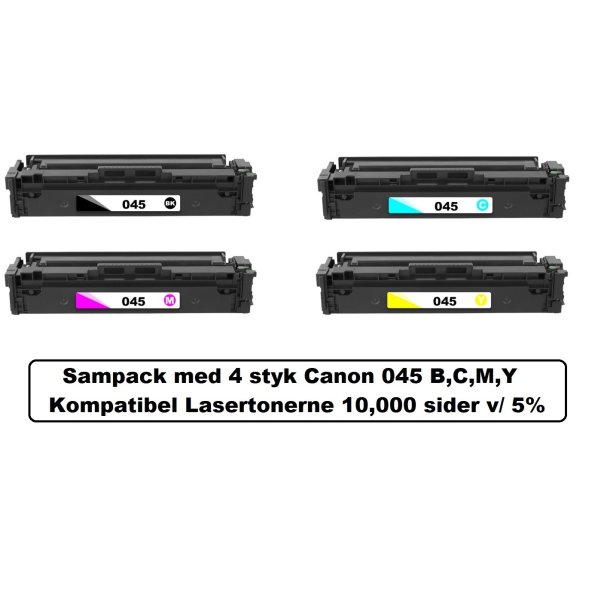 Sampack med 4 styk Canon 045H B,C,M,Y Kompatibel Lasertonerne 10,100 sider v/ 5%