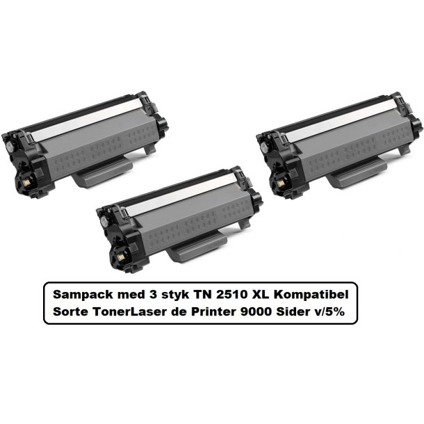 TN 2510XL Sampack med 3 styk Sorte Kompatibel med Brother TN 2510XL printer 9000 sider v/5%.