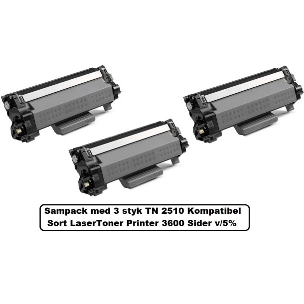 TN 2510 Sampack med 3 styk Sorte Kompatibel med Brother TN 2510 printer 3600 sider v/5%.