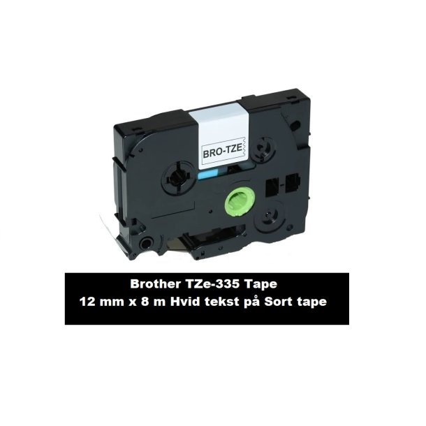 Brother TZe-335 Tape er en kompatible Tape i 12 mm x 8 m Hvid tekst p Sort tape.