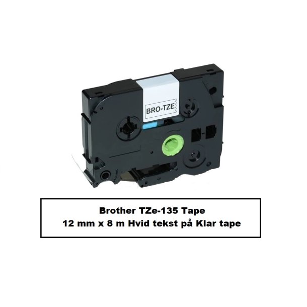 Brother TZe-135 Tape er en kompatible Tape i 12 mm x 8 m Hvid tekst p Klar tape.