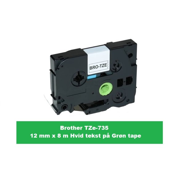 Brother TZe-735 Tape er en kompatible Tape i 12 mm x 8 m Hvid tekst p Grn tape.