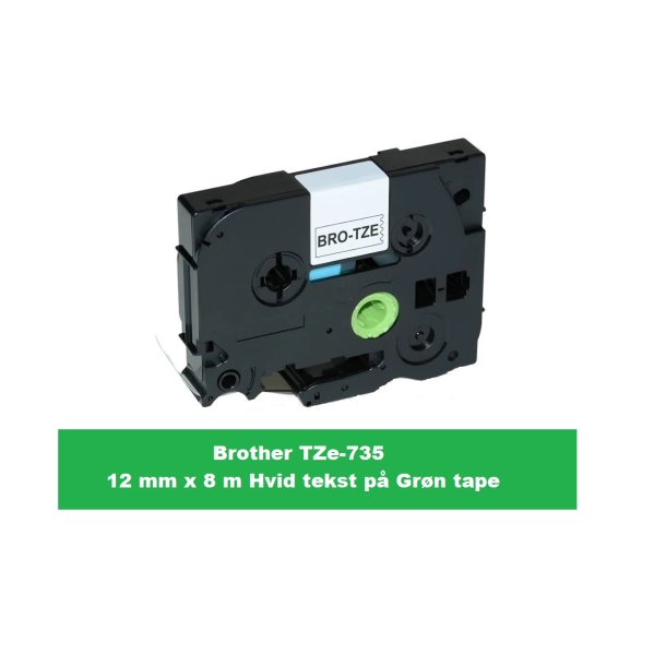 Brother TZe 735 Tape er en kompatible Tape i 12 mm x 8 m Hvid tekst p Grn tape.