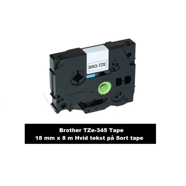 Brother TZe-345 Tape er en kompatible Tape i 18 mm x 8 m Hvid tekst p Sort tape.