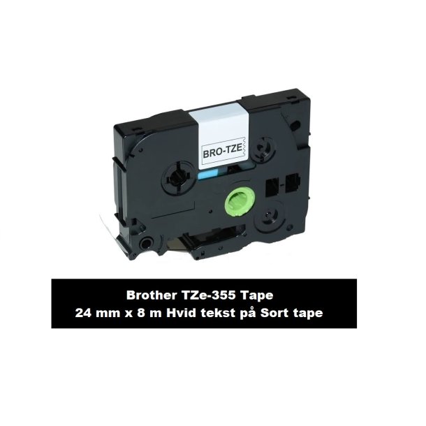 Brother TZe-355 Tape er en kompatible Tape i 24 mm x 8 m Hvid tekst p Sort tape.