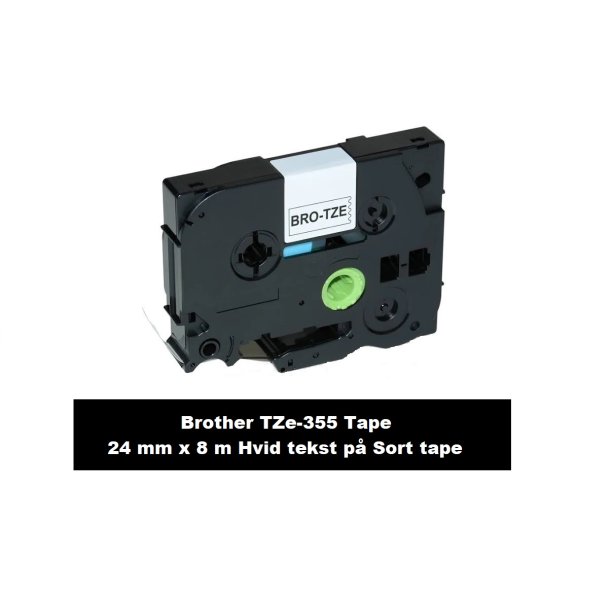 Brother TZe 355 Tape er en kompatible Tape i 24 mm x 8 m Hvid tekst p Sort tape.